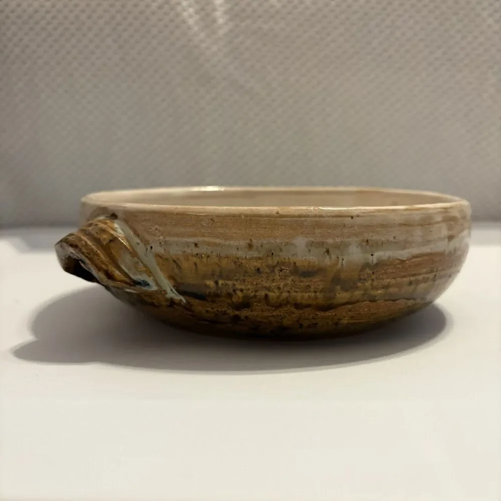 Art Studio Pottery Brown Wide Bowl Dish Folk Art Decor Artist Signed 7.5x2.25